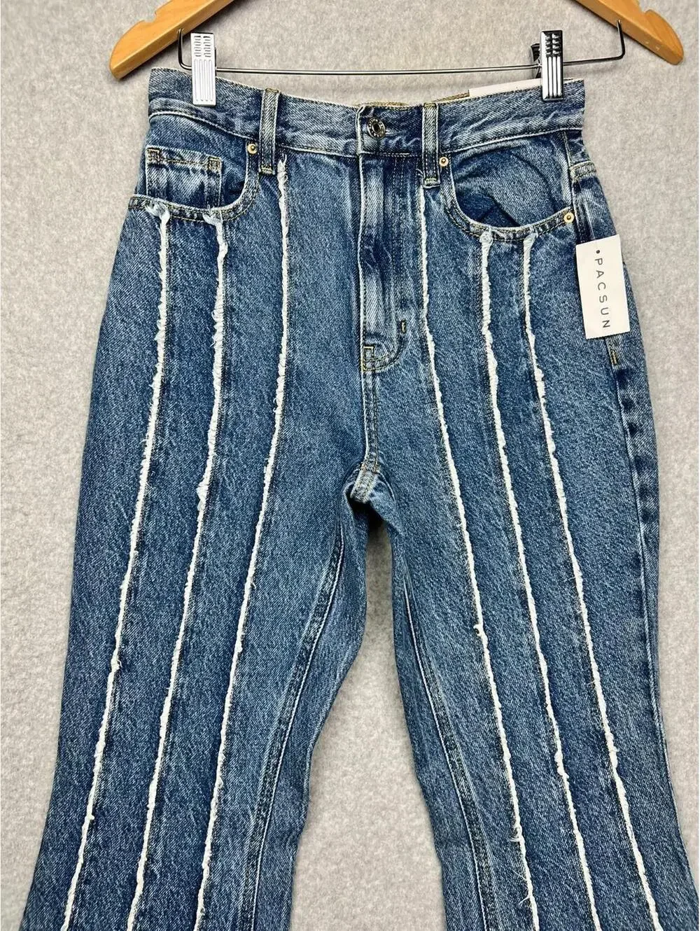 PacSun Frayed Stripe High Waisted Flare Jeans 25 Blue White Boho Retro Y2K Eco
